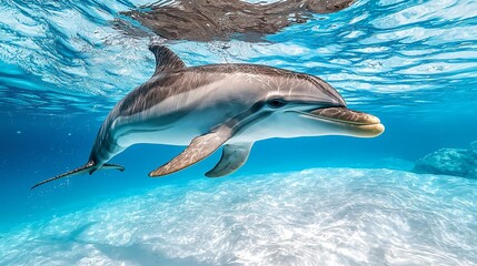 Fototapeta premium a dolphin swimming beneath a transparent layer of ocean ice, captured from underneath, ice textures and light distortions visible, clean high-contrast blue tones