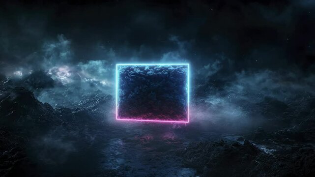 A glowing neon cube floats in a mysterious, foggy landscape surrounded by rocky mountains and a surreal, dark atmosphere.