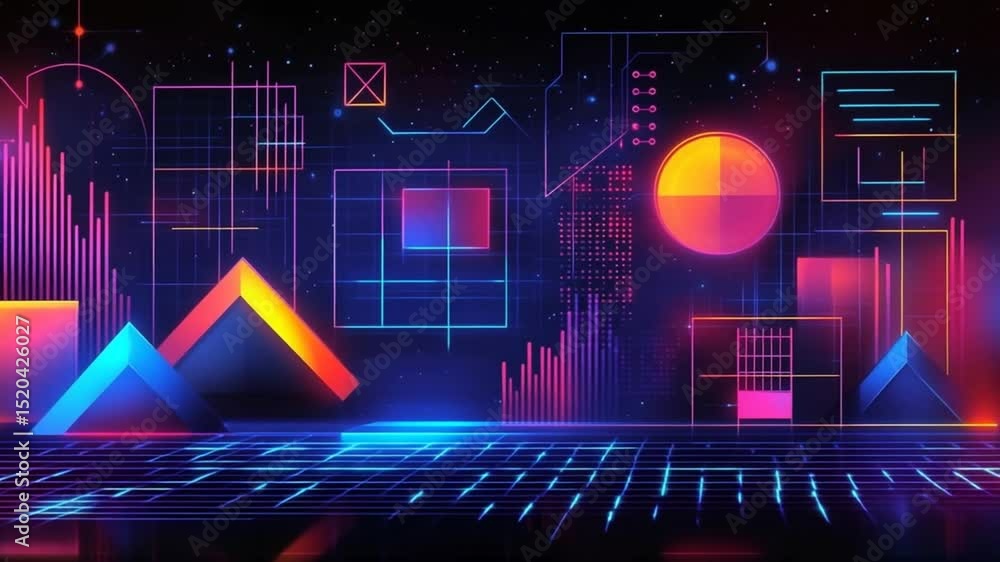 Poster abstract technology grid background with neon colors and geometric shapes display