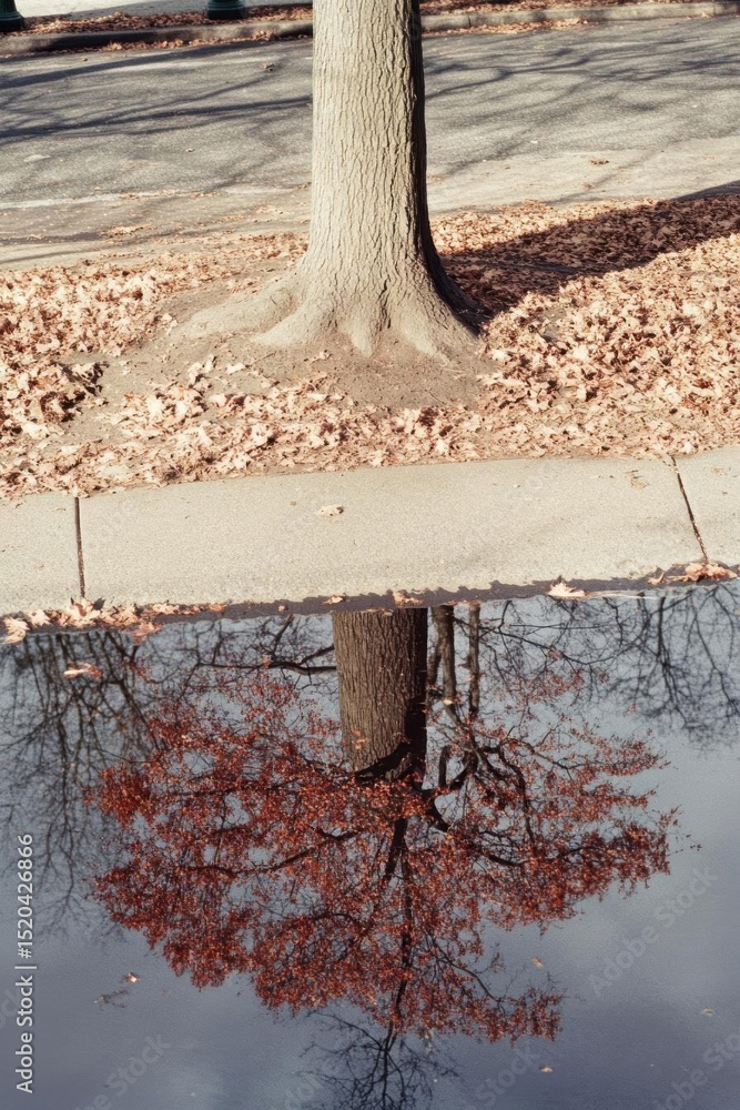 Poster tree trunk reflects in puddle with fallen leaves and autumnal hue
