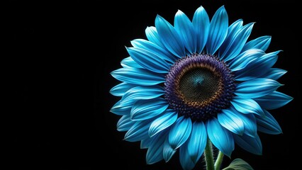 Vibrant blue sunflower with delicate petals and dark centers against a stark black background