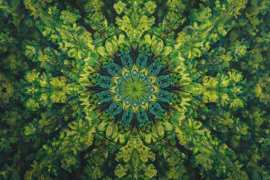 Intricate green and teal mandala with leafy, fractal patterns radiating from a central point, creating a symmetrical, organic design