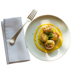 Seared scallops elegantly presented on a white plate with golden sauce on transparent background