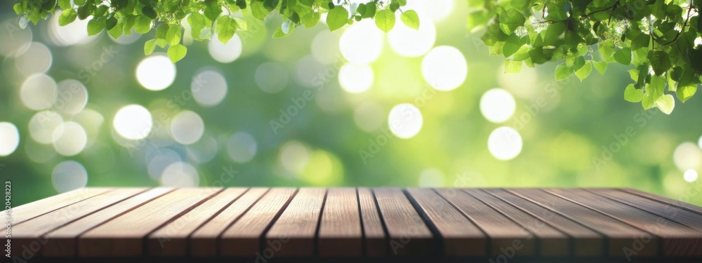 Poster wood table display under sunlight with bokeh and leaf frame at nature