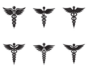 Medical caduceus silhouette. Rod of Asclepius. Medical symbol icon. Snake and stick with wings. Medicine logo. Healthcare. Isolated on white background. Vector illustration