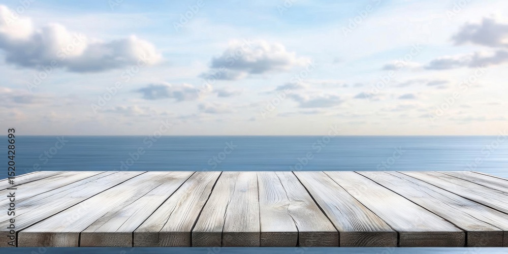 Poster empty wooden table views serene ocean for product display and summer time