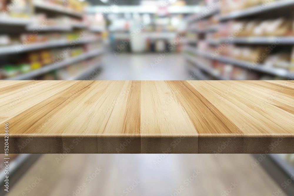 Poster empty wood table in supermarket background product with display concept