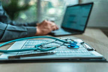 Medical sales report and stethoscope. Medical concept. Medicine, Health, Care and diagnosis concept.