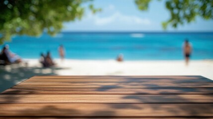 Fototapeta premium Enjoy Summer at Tropical Beach View with Wooden Table and Beautiful Scenery