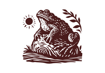 Naklejka premium Toad Hand Drawn Natural Illustration Stylized as Linocut Vector Isolated by AZ for Books, Arts, Design and Decoration Graphic Asset