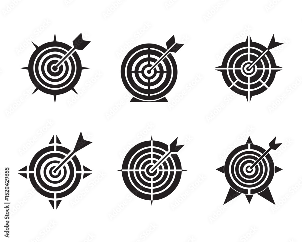 Poster target and goal abstract vector icons set. darts icon thin line illustration in four different style