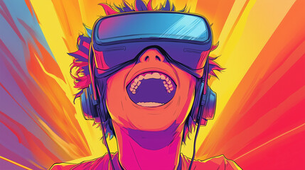 pop art portrait of young man wearing VR headset