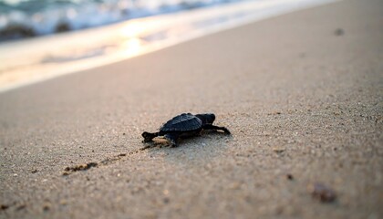 A solitary baby turtle's determined journey towards the ocean at sunrise