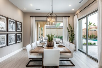Fototapeta premium Modern dining room with natural wood and white chairs, large windows overlooking outdoor patio, pendant lights above wooden table, framed art, light curtains, spacious layout, and warm lighting