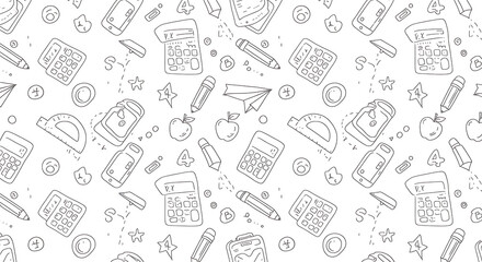 Back to School Seamless Pattern Doodle Style Illustration of School Supplies and Elements