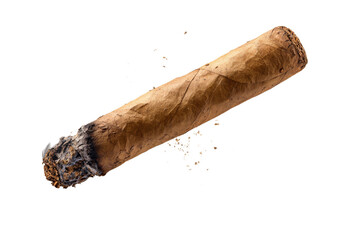 A cigar is shown with a burnt tip and ash on the side