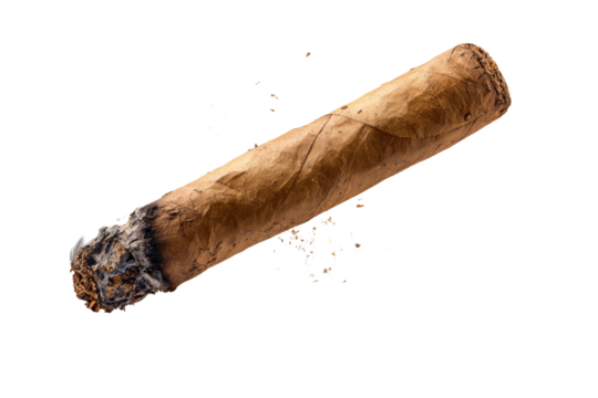 A cigar is shown with a burnt tip and ash on the side