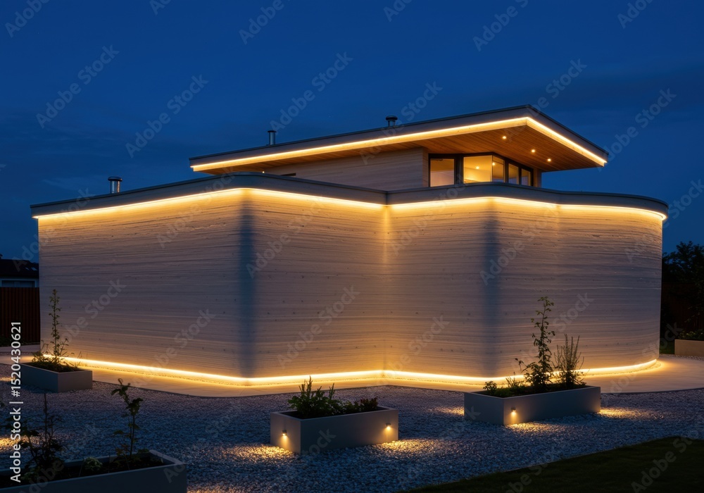 Poster modern architecture with illuminated 3d concrete printed building at night