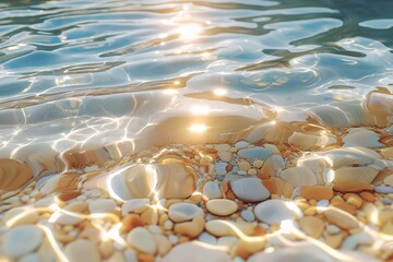 Tranquil Beach Reflections. Shimmering Waters and Clear Pebbles for a Serene Summer Escape