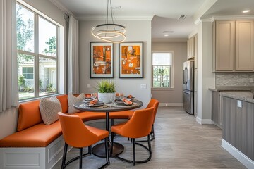 Fototapeta premium Small dining nook in modern kitchen with orange chairs, round table, built-in bench seating, open concept layout, and warm lighting