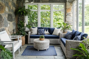 Fototapeta premium Cozy sunroom with stone walls, large windows, wicker furniture, navy blue sofas with gray cushions, white chairs, potted plants, and lush greenery outside in American home