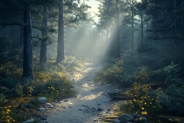 Obraz premium Exploration through a Nature Scene. Sunlit Forest Pathway with Tall Trees and Morning Light