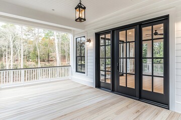 Black steel-framed sliding doors leading to back porch in open-concept home with white walls and light wood floors