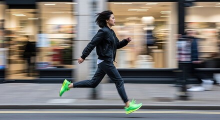 Woman Running In Motion On Street With Black Jacket And Green Shoes In Urban Setting
