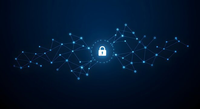 Padlock icon emerges from a digital network of interconnected nodes to represent data security and cyber protection in a modern online environment.