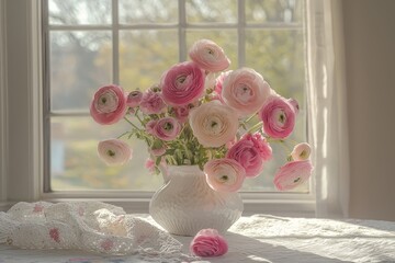 Pink ranunculus in white ceramic vase on table by window with natural light, close-up floral arrangement