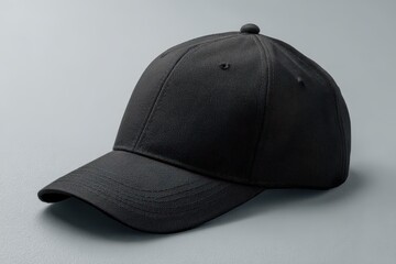 A simple, solid black baseball cap, slightly angled, sits on a neutral gray background.  The cap is made of a seemingly soft, structured fabric