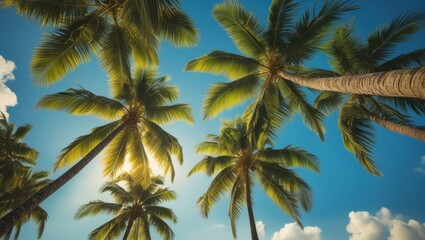 majestic palm trees silhouetted against serene blue sky with clouds