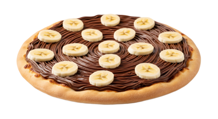  Delicious Sweet Pizza with Swirled Chocolate Hazelnut Spread and Fresh Banana Slices Isolated. Creative Dessert Treat, Unique Party Food Concept.