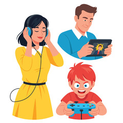 People Enjoying Digital Entertainment: Listening to Music, Watching Videos, and Playing Games