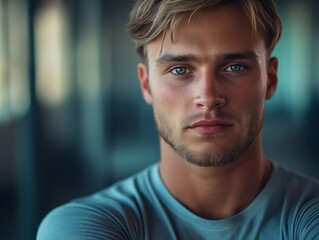 Young Man with Blue Eyes and Trendy Hairstyle. Portrait of Handsome Male Model in Casual Wear, Indoor Setting