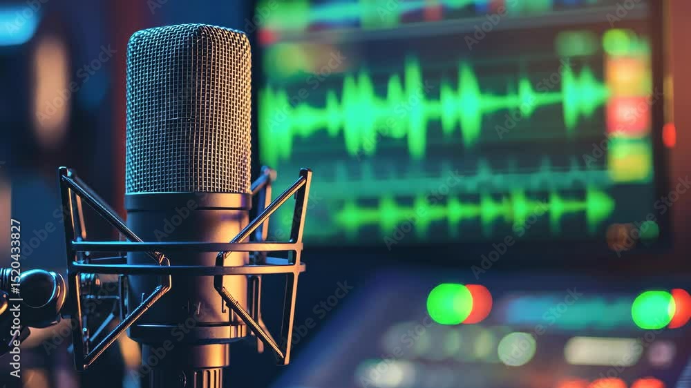 Poster microphone in studio with sound wave visualizations displayed.