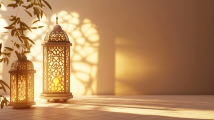 Arabian lantern, al quran and mosque portal 3d rendering background. Concept of islamic celebration ramadan kareem