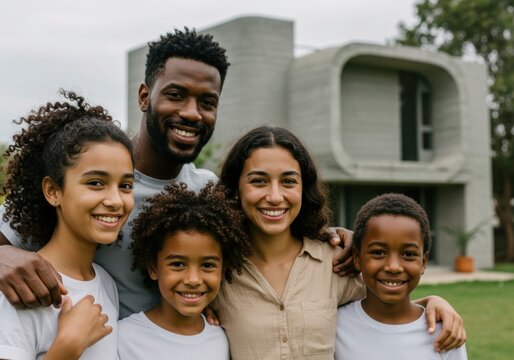 Family smiling in front of modern 3d printed concrete house for sustainable living