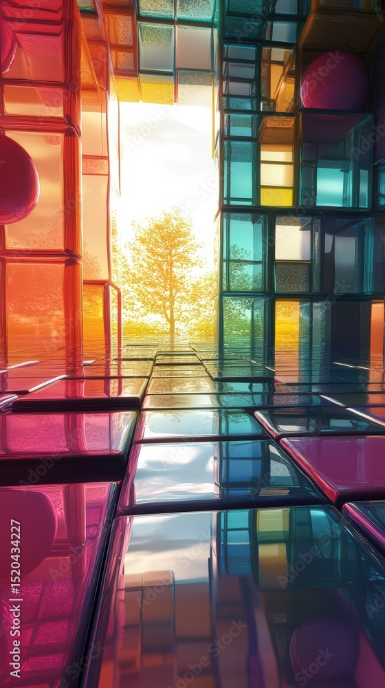 Poster abstract cubic structure with a sunlit glimpse of nature creating visual depth