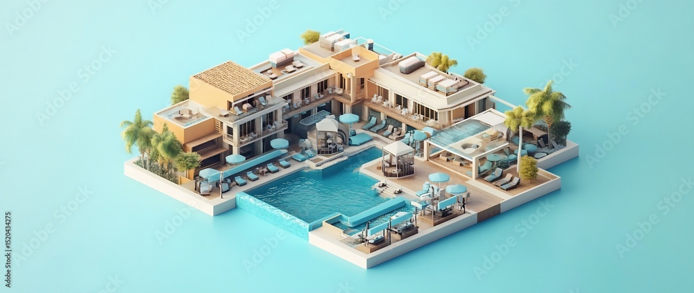 Poster isometric view of a luxury resort with pool and palm trees.