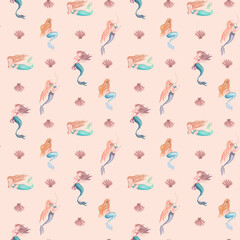 Fototapeta premium Delicate watercolor pattern in green with mermaids, shells. Seamless watercolor pattern for kids on the theme of sea life.