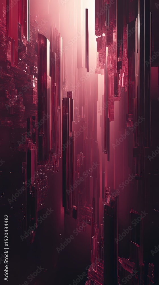 Poster abstract deep maroon cityscape render with geometric vertical structures