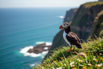 A puffin stands on a grassy cliff overlooking the sea, with dramatic coastal cliffs and blue ocean in the background.