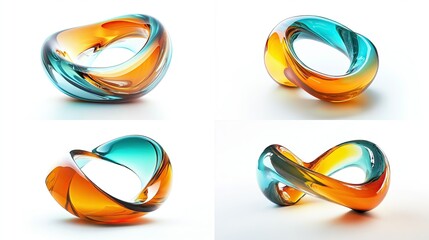 Abstract glass sculptures with vibrant colors and unique shapes on white background