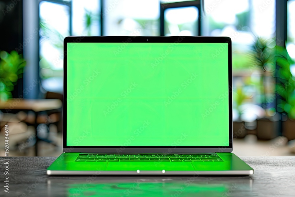 Poster empty chroma key laptop display on workplace close up green screen computer