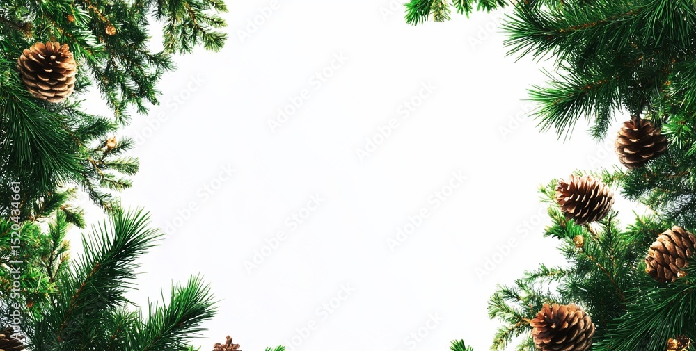 Poster pine branches and cones frame a white background, ideal for text or design elements.