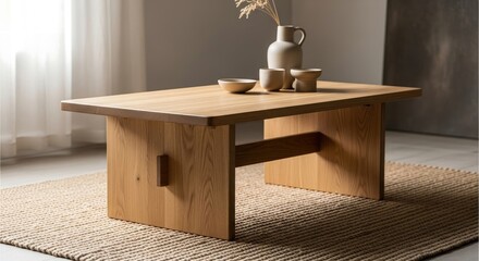 Wooden Coffee Table With Pottery And Vase On Rug Near Window