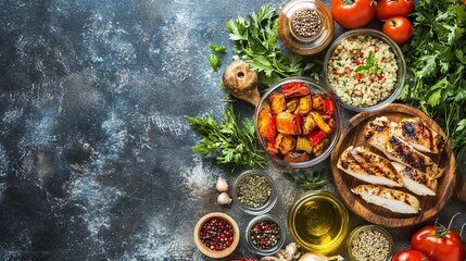 Grilled chicken breast with roasted peppers, quinoa, and fresh herbs on a rustic background.