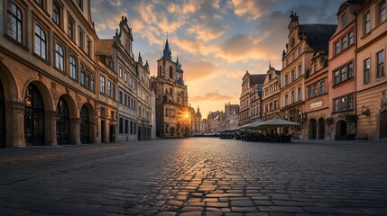 Obraz premium Sunrise illuminates cobblestone street and historic buildings in a European city square.