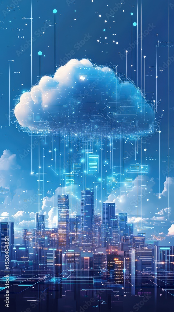 Poster abstract digital city skyline under a cloud of interconnected network data